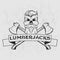 Lumberjack logo, t-shirt design with illustrated beard, skull, axes and ribbon. Hand drawn illustration.