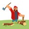 Lumberjack. outdoor character lumberjack smashing wood with big axe. vector people