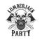 Lumberjack party. Bearded skull with crossed axes. Design element for logo, label, emblem, sign.