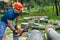 Lumberjack sawing beech logs