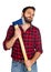 Lumberjack shaves his beard with the ax blade