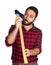 Lumberjack shaves his beard with the ax blade