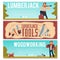 Lumberjack tools and woodworking banners or flyers, flat vector illustration.