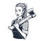 Lumberjack woman with axe. Female axeman for logo