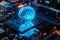 Luminescent brain hologram floating over detailed circuit board. Generative AI and machine learning concept