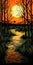 Luminescent Forest: A Junglepunk Illustration Of An Orange Sky And Stream