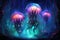 Luminescent jellyfish guardians, illuminating the depths of the ocean with their glow - Generative AI