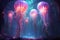 Luminescent jellyfish guardians, illuminating the depths of the ocean with their glow - Generative AI