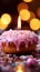 Luminous backdrop pink donut, flickering candle amidst bokeh lights, a captivating scene