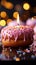 Luminous backdrop pink donut, flickering candle amidst bokeh lights, a captivating scene