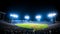 Luminous baseball diamond in deserted stadium with captivating white and vibrant blue spotlights