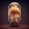 Luminous brain in glass flask, futuristic illustration of AI. Generative AI