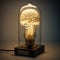 Luminous brain in glass flask, futuristic illustration of AI. Generative AI