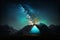 Luminous camping tent in mountains at night, starry sky. Concept hike, journey. Generative AI