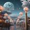 Luminous Celestial Symphony: Moon, Stars, and an Array of Lanterns in the Night Sky