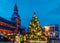 Luminous Christmas tree near Riga Cathedral at the Christmas market in winter Riga in Latvia