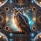 A luminous, crystalline owl with eyes that hold the wisdom of the universe, perched on a cosmic branch4