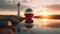 Luminous Encounter: Reflections of a Red and White Lighthouse on a Metal Ball at Sunset