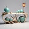 Luminous Glaze Wooden Console Table With 3d Objects And Oceanic Art