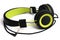 A luminous green and black wired headphone set