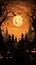 Luminous Halloween Backdrop with Eerie Silhouettes, Witches, Pumpkins, and Vivid Moonlight