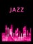 Luminous jazz music festival poster. Neon glow background with vibrant piano keys. Fluorescent and mystical live concert events cr