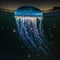 Luminous jellyfish swim deep in the blue sea jellyfish neon jellyfish fantasy water long strings