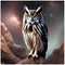 A luminous, nebula-born owl with eyes that hold the secrets of the cosmos, perched on an asteroid1