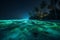 luminous palm paradise tropical sky vacation night ocean tree beach blue. Generative AI.