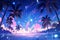 Luminous Palm Trees Dot A Stunning Beach, Reminiscent Of Anime Artwork