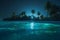 luminous paradise sky tropical vacation tree night blue beach ocean palm. Generative AI.