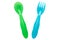A luminous plastic blue fork and a green spoon