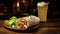 Luminous Plate: Wrap, Salad, And Beer With Smokey Background