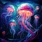 Luminous Seas: Ethereal jellyfish illuminating the depths of an underwater paradise