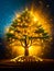 Luminous shiny tree. Magical flash in the darkness. Witchcraft, enchanted effect background