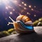 A luminous, space-faring snail-like creature with a spiral shell, leaving a trail of stardust behind2