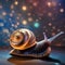 A luminous, space-faring snail-like creature with a spiral shell, leaving a trail of stardust behind3