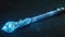 A luminous staff featuring a vibrant blue crystal resting atop a table