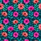 Luminous tropical seamless pattern with 3d style flowers and leaves on dark background. Trendy design for wallpapers