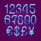 Luminous tubular numbers with currency signs of American dollar, euro, British pound, Japanese yen. Vector symbols