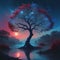 A luminous, twilit binary tree entity, its branches pulsating with hues of electric blue and vibrant crimson against a dusky sky.