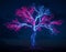 A luminous, twilit binary tree entity, its branches pulsating with hues of electric blue and vibrant crimson against a dusky sky.