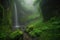 luminous waterfall, surrounded by mist and greenery