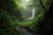 luminous waterfall, surrounded by mist and greenery