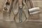Lump hammer planer chisel safety gloves on wooden board