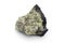 Lump of rock with green crystals over white