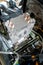 Lumps of dust and dirt on the cooling element. Dirty aluminum heatsink for cooling the central processing unit of a