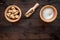 Lumps of sugar with bowls sweet set on wooden table background top view mockup