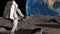 Lunar Astronaut In Space Suit Walking On the Moon. Planet Earth Is Visible. 3d rendering.