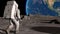 Lunar Astronaut In Space Suit Walking On the Moon. Planet Earth Is Visible. 3d rendering.